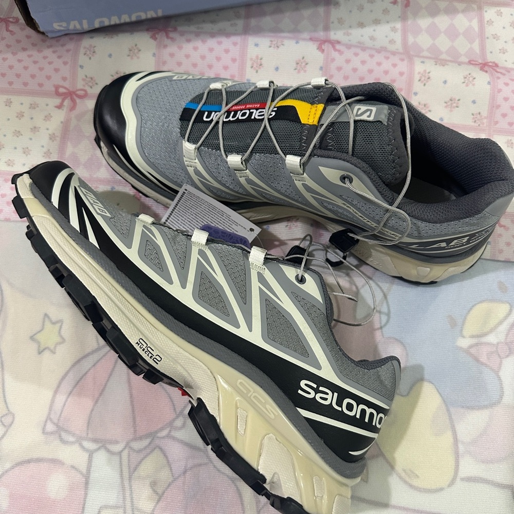 Salomon Grey and Black Trail Sneakers with Yellow Accent